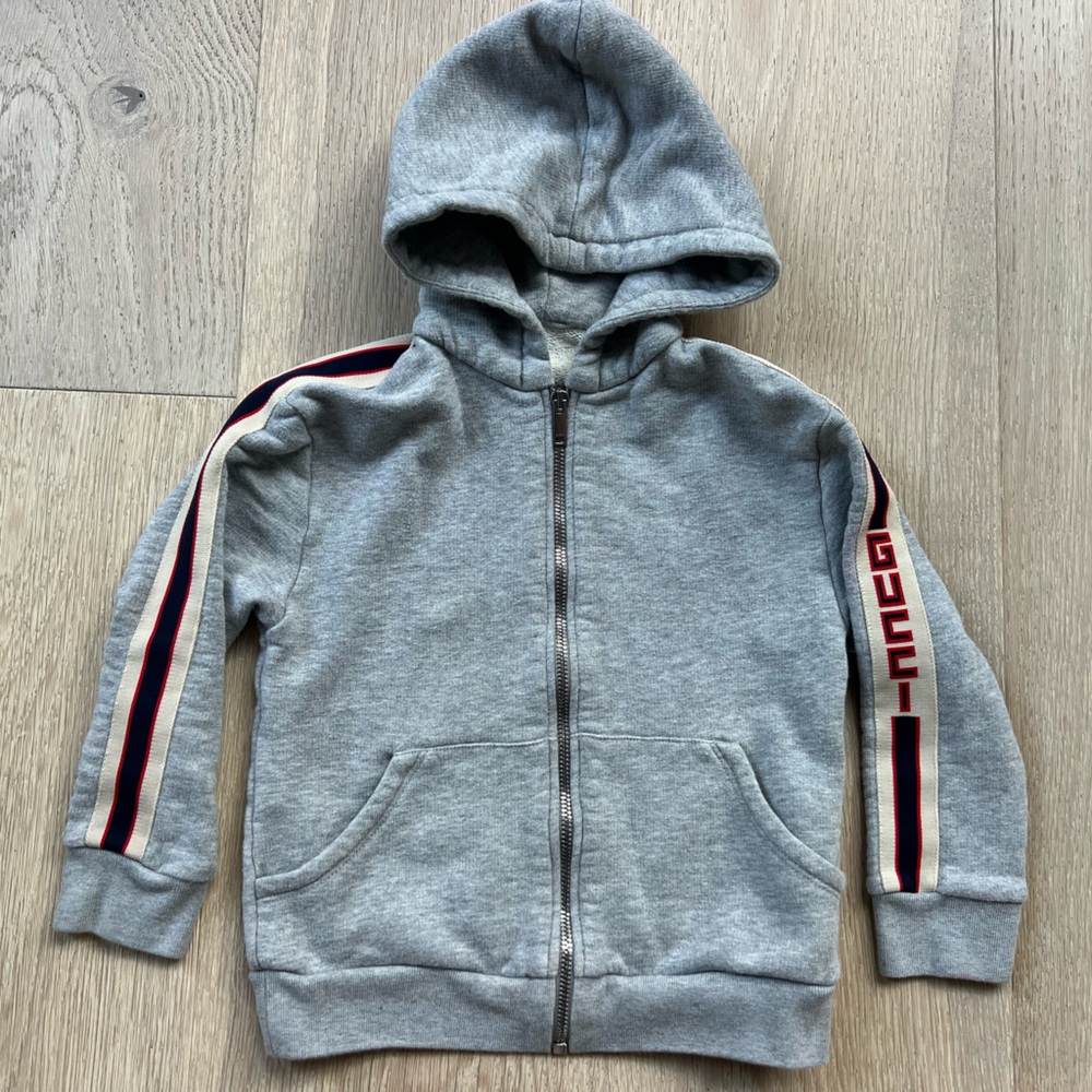 Gucci Kids Boys Zip Up Hoodie Jacket W/ Stripes & Logo Size 5